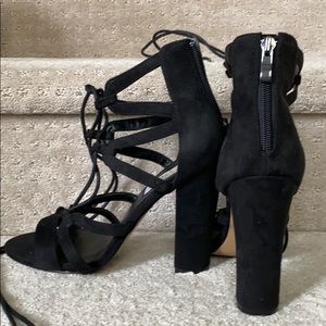 Chelsea & Zoe lace up black suede dress sandals